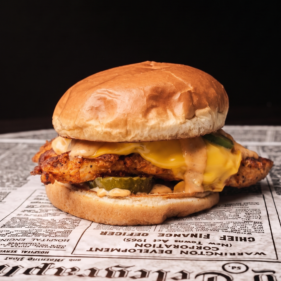 Crispy chicken sandwich with melted cheese, sauce, and pickles on a newspaper-lined surface.