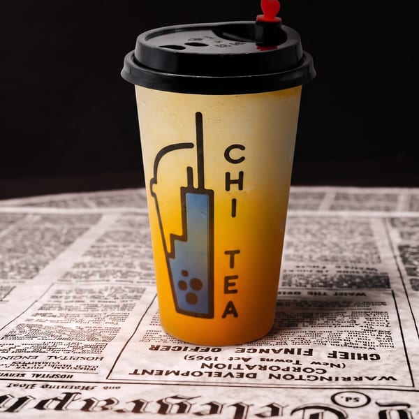 CHI TEA bubble tea cup with a yellow-orange drink and red heart stopper sits on a newspaper.