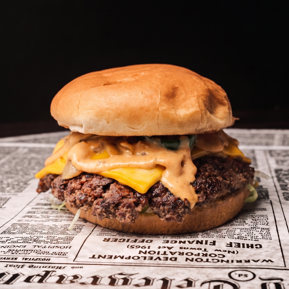 Juicy burger with melted cheese and special sauce on a newspaper, against a dark background.