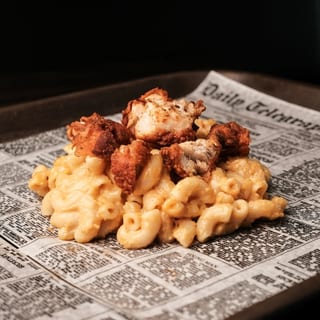 Mac & Cheese W/ Fried Chicken Served with Fries & Fresh Fruit Cup